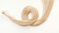 Blond shiny wavy hair on white background. Shiny woman hair strand, curl. Hair care and beauty salon. Natural cosmetic products. Hair color palette.