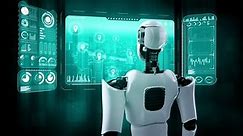 robot AI hominoide mirando la pantalla del holograma mostrando el concepto de análisis de big data usando inteligencia artificial por proceso de aprendizaje automático. Representación 3D.