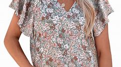 Chase Secret Womens Casual Boho Tops Floral Print V Neck Short Sleeve Shirts Blouses Loose Chiffon Tunic Tops Gray