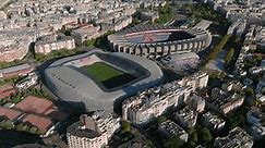 PARIS, FRANCE - 12.7.2020: Aerial view of stadiums Le Parc des Princes (football) and Stade Jean-Bouin (rugby and athletics meetings) in Paris, city district with sports fields