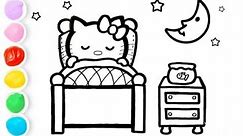 Hello kitty sleeping on bed drawing and colouring for children, toddlers/how to draw hello kitty