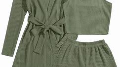Avidlove Womens Pajama Sets 3 Piece Lounge Set Waffle Knit Cami Top and Shorts Soft Sleepwear with Robe Cardigan