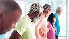 Mature, people and stretch in fitness class for elderly health for wellness, workout and exercise. Senior strength training, active and aging for health, retirement and mobility for self care