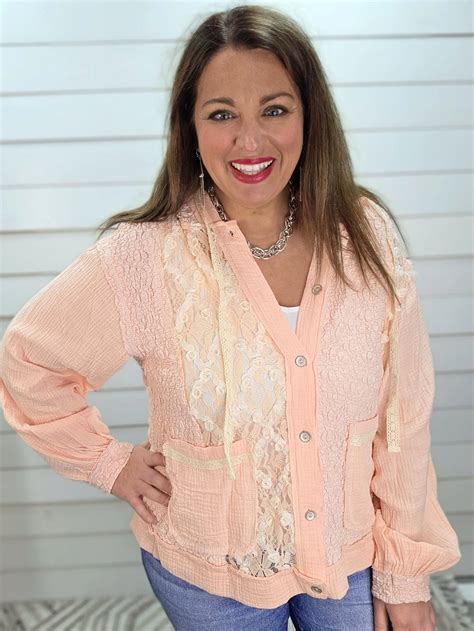 POL Powder Pink Rose Bud Lace Textured Button Down Lightweight Jacket ...