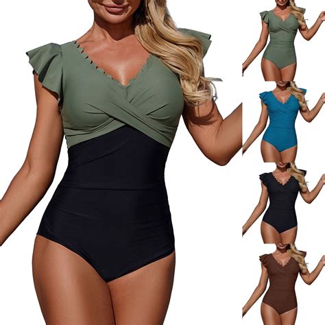 COMVALUE Women 2026 Tummy Control Color Block Ruffle Sleeve Bathing ...