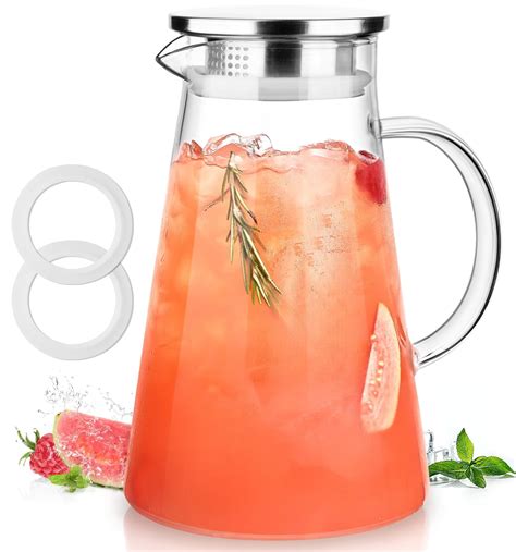 Luna&mantha Glass Pitcher 2 Liter 68oz Water With Lid And Handle Large Ice Tea Jug For Fridge ...