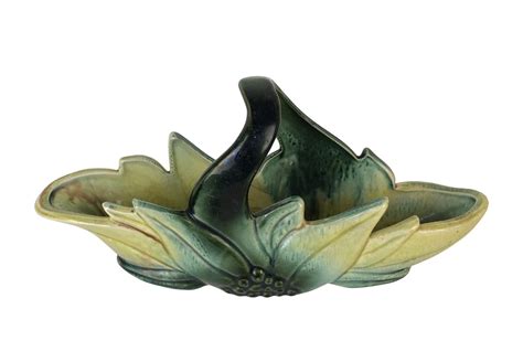 Vintage Hull Pottery Ceramic Basket Planter, Green & Yellow, Leaves