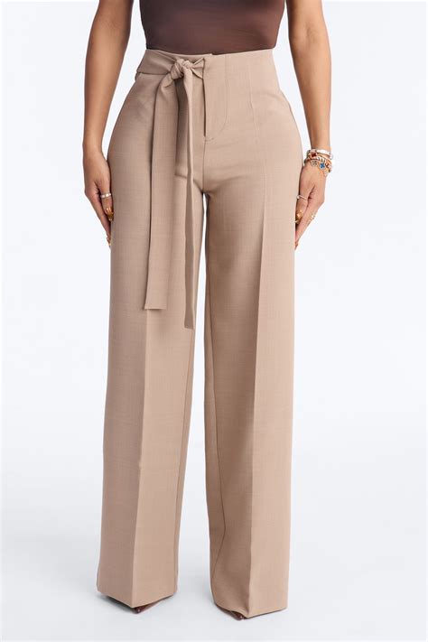 Polished Perfection Crepe Tie Waist Trouser 33″ - Stone | Fashion Nova