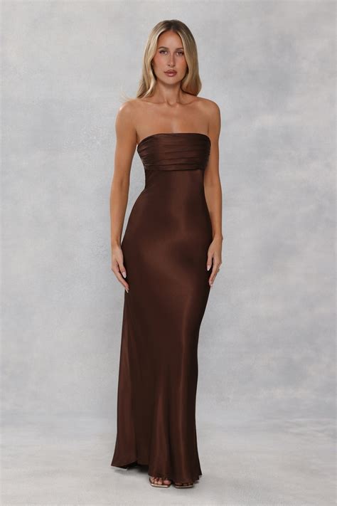 The Seraphina Strapless Satin Maxi Dress Chocolate Brown | Hello Molly AU