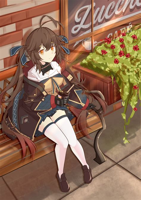 Safebooru - 1girl absurdres brick wall brown hair commentary flower ...