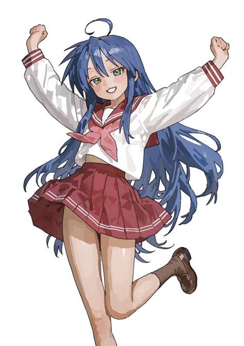 Safebooru - 1girl ahoge arms up blue hair brown shoes brown socks clenched hands commentary ...