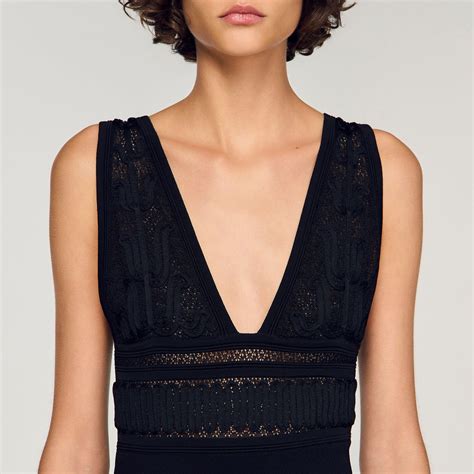 Ruffled knit maxi dress black / gray For Women | Sandro Paris