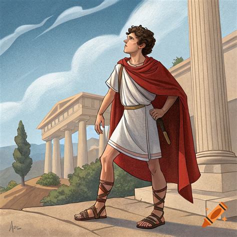 Illustration of a young man in a red cloak and tunic standing near an ...