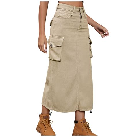 Womens Denim Cargo Long Skirts Y2K High Waisted Pencil Skirt Midi ...