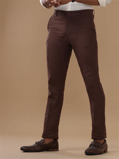 Men Pure Linen Brown Pant with Trim Fit PL11