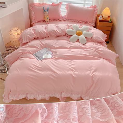 MOOWOO Twin Size Girl's Pink Ruffle Lace Duvet Cover Set, 2 Piece with ...