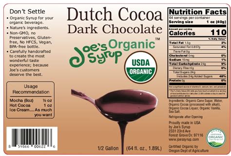 Half Gallon USDA Organic DARK CHOCOLATE Sauce - Joe's Syrup