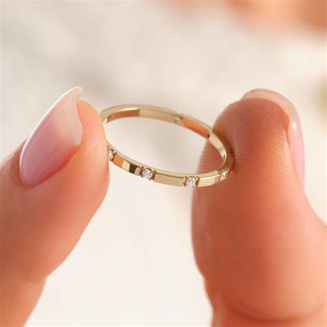 Scatter Diamond Wedding Band 14K Solid Gold 1.5mm, Thin Ten Moissanite ...