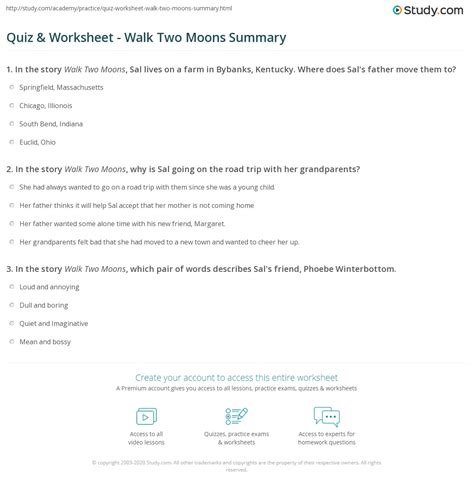 Quiz & Worksheet - Walk Two Moons Summary | Study.com