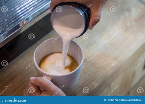 Barista in Cafe or Coffee Bar Preparing Proper Cappuccino Pouring Milk ...