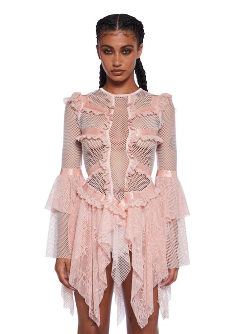 Club Exx Burning Man Sheer Fishnet Lace Trim Bell Sleeve Mini Dress Burning Man- Pink – Dolls Kill