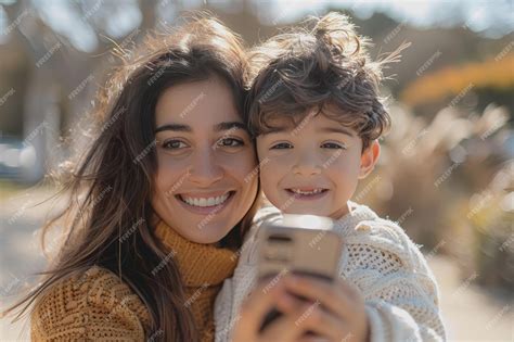 Premium Photo | Latin mom and Latin son taking a selfie son holding a smartphone sunny and ...