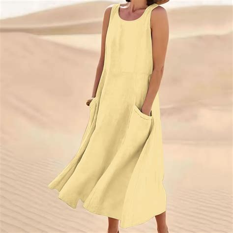 Ayolanni Yellow Sun Dresses Women Sundress Vacation Solid Sleeveless ...