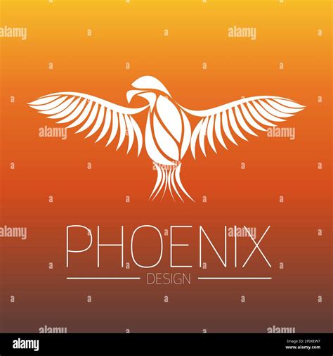Flaming Phoenix Bird with wide spread wings in white on orange fire ...