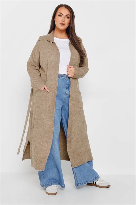 YOURS Plus Size Natural Brown Collared Tie Waist Coatigan | Yours Clothing