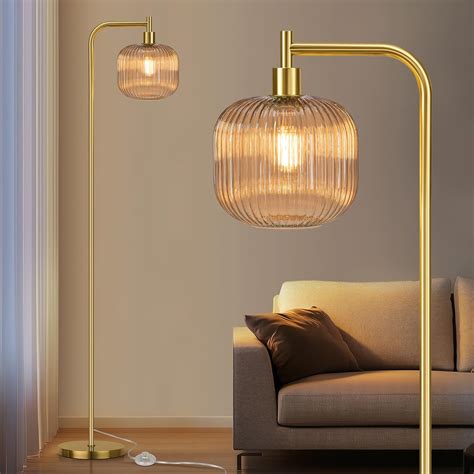 QiMH Glass Floor Lamp for Living Room, Modern Standing Lamp with Ribbed ...