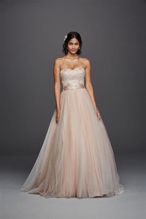 This blush colored Jewel strapless tulle beaded lace wedding dress from ...