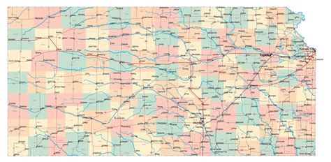 Large administrative map of Kansas state with roads, highways and ...