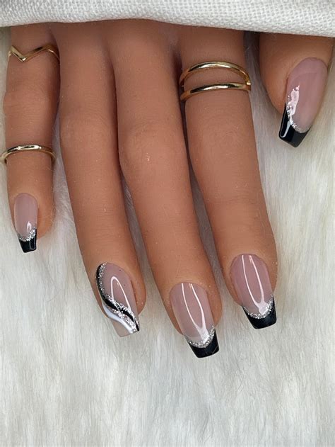 nude nails with black and silver nail | Stylish nails, Gel nails, Nail ...