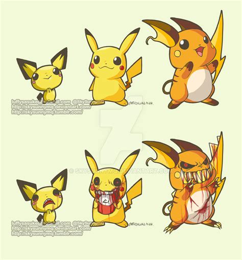 172.Pichu 25.Pikachu 26.Raichu by SkySunnymQ on DeviantArt