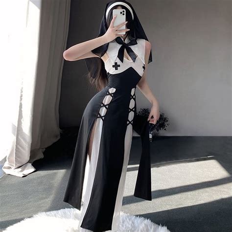 Yomorio Sexy Nun Costume Habit Nun Cosplay Lingerie Set High Slit Cosp ...