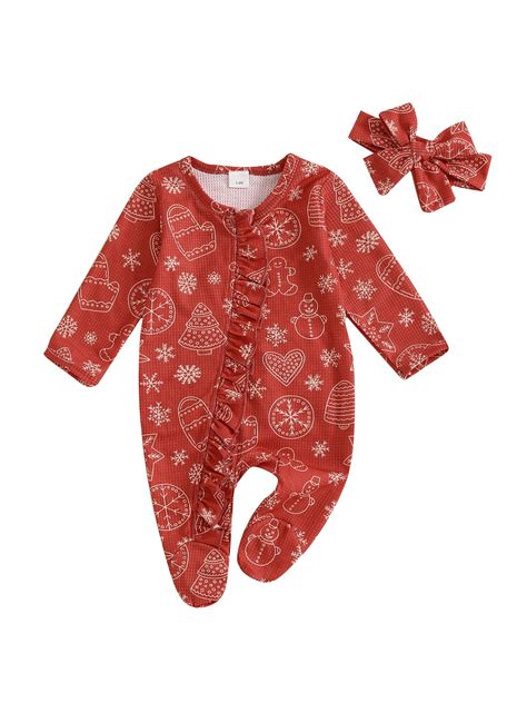 Binshrliy Newborn Baby Girl Christmas Pajamas Print Long Sleeve Footie ...