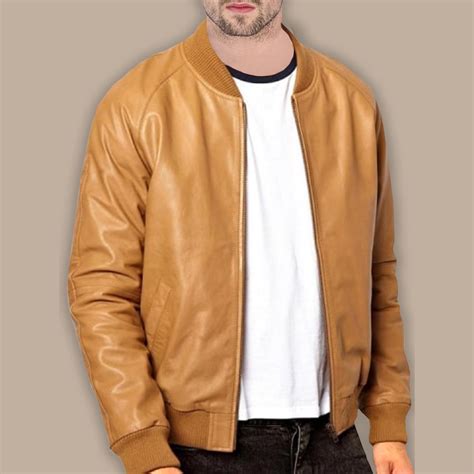 Mens Casual Tan Brown Bomber Jacket - Leather Bomber Jacket for Men