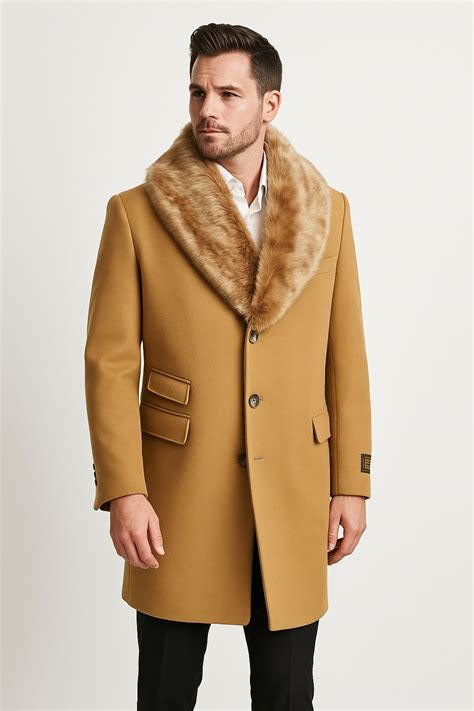 Mens Camel Overcoat with Light Faux Fur Collar - Single-Breasted Wool ...