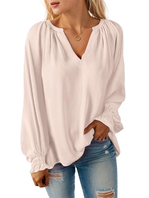 Weardear Womens Long Sleeve Blouse Chiffon Smocked Puff Sleeve Blouses ...