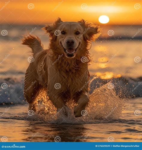 Golden Retrievers Joyful Beach Run at Sunset Stock Illustration ...