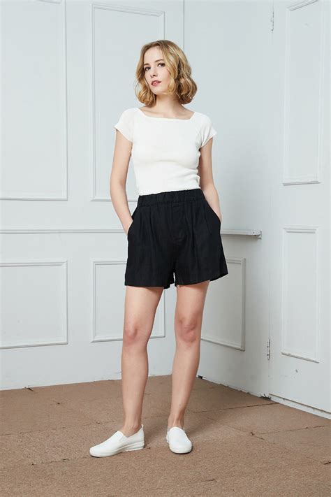 Black High Waist Linen Shorts, Linen Shorts, Elastic Waist Linen Shorts ...