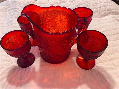 Vintage Tiara Sandwich Indiana Glass Ruby Red Large 68 Oz Pitcher and 4 ...