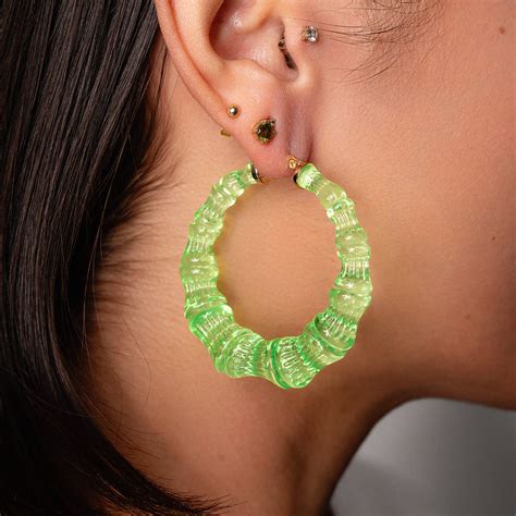 Lime Green Lucite Bamboo Hoop Earrings - Gold & Honey