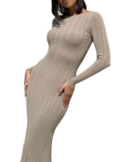 Women Ribbed Knit Maxi Dress Long Sleeve Crew Neck Bodycon Dress Fall ...