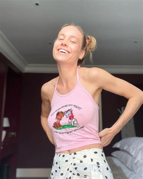 Brie Larson Lets Braless Chest Hang In Thin Pink Crop Top
