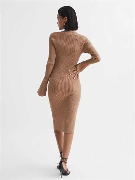 Reiss Rib-Knitted Midi Dress in Camel - REISS
