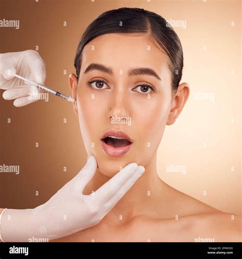 Plastic surgery hands, surprise portrait and woman face with needle facial change, cosmetic ...