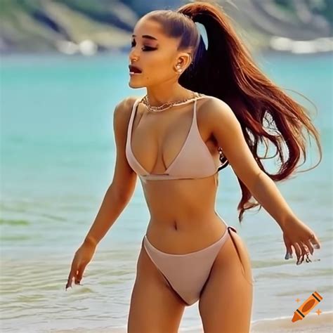 Ariana Grande posing on the beach in a bikini on Craiyon
