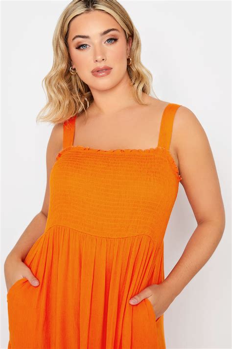 YOURS Plus Size Orange Shirred Strappy Sundress | Yours Clothing
