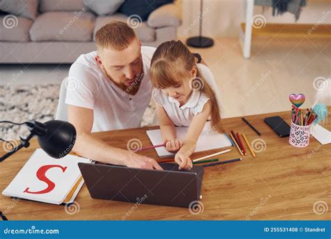 Online Learning. Father with His Little Daughter is at Home Together Stock Photo - Image of ...